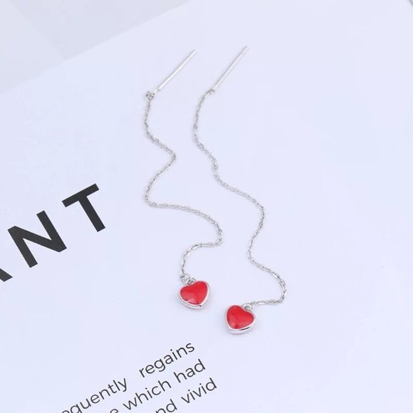 14k Gold Heart Chain Threader Earrings Sterling Silver - Picture 4 of 9